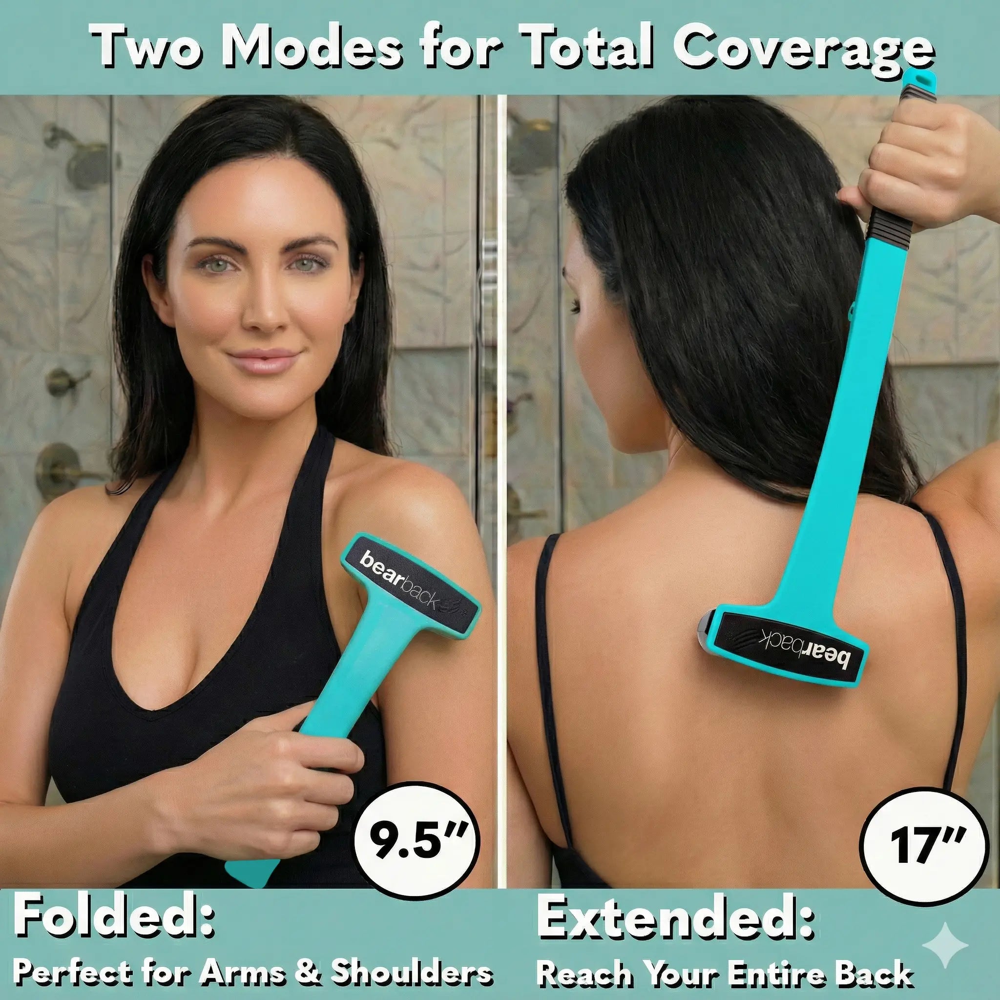 Bearback Lotion Applicator for Back & Body, Folding Long-Reach Handle, 2 Washable Rollers, Travel Friendly