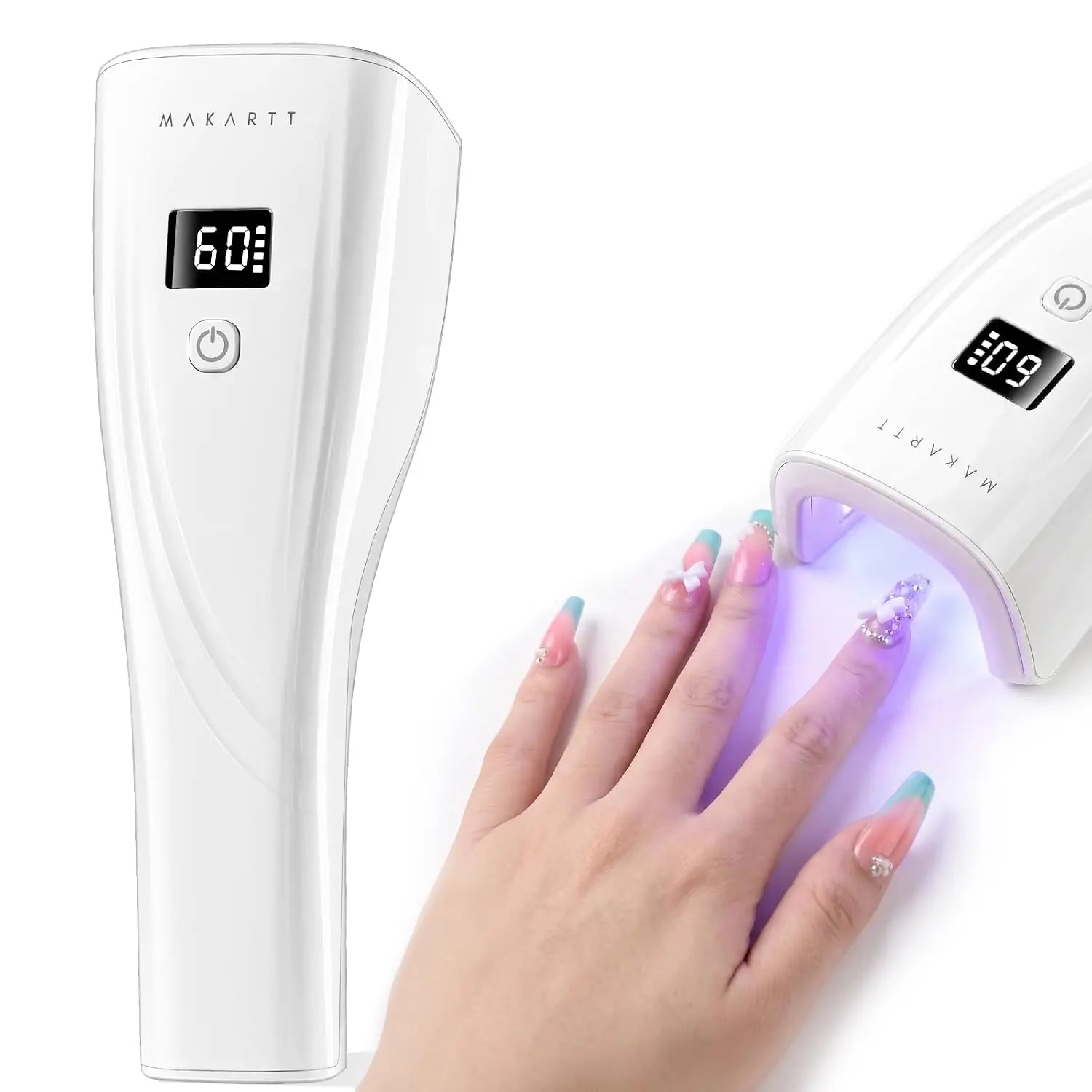 Makartt 3S Flash Cure UV Nail Lamp - 222 Mw/Cm² Handheld Rechargeable Finglow Dryer for Gel-X, Rhinestones, Nail Glue, with Sensor, LCD Display, 2 Timers, White (Home DIY Salon Use)