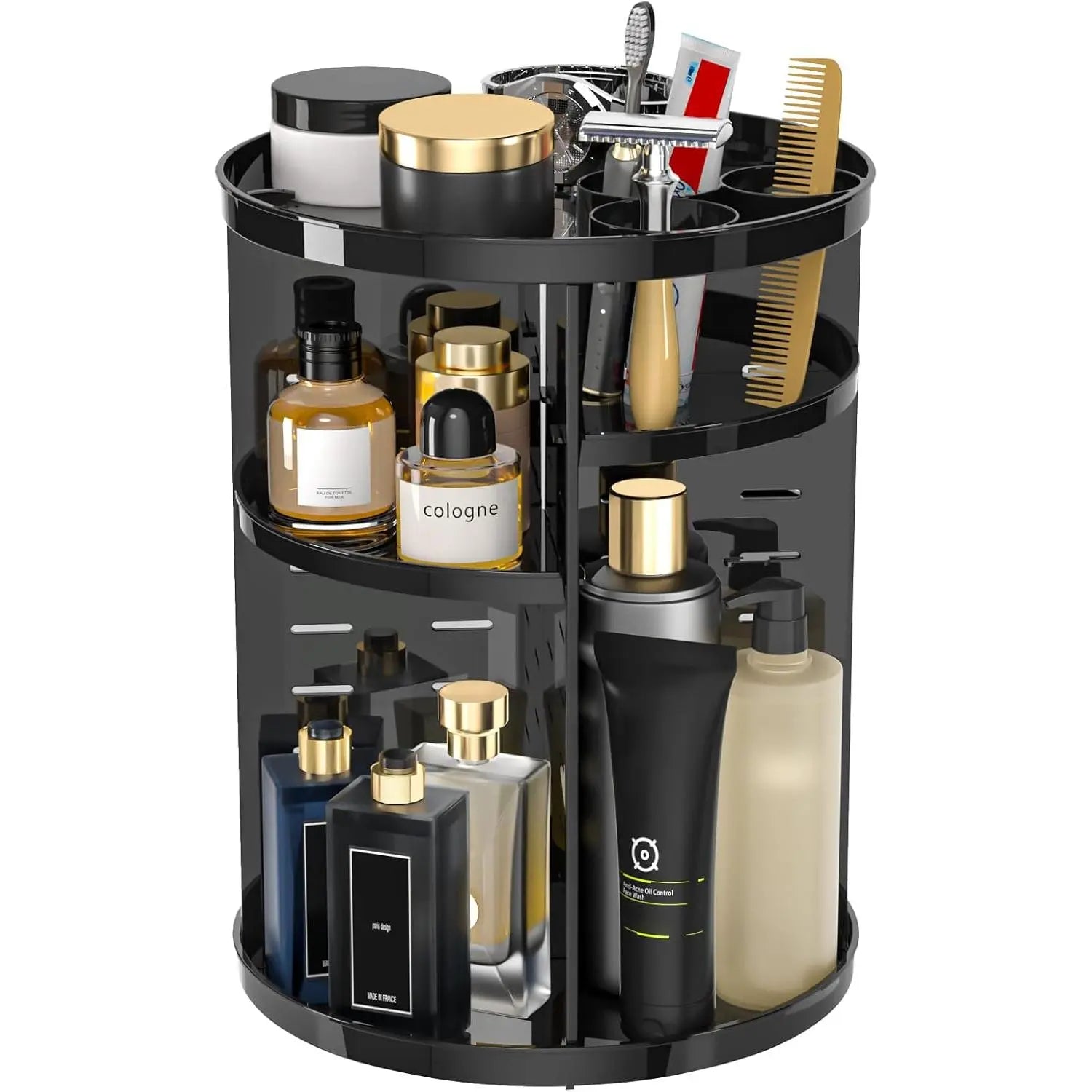 Rotating Makeup Organizer, DIY 8 Adjustable Layers Spinning Skincare Organizer, Cosmetic Display Case with Brush Holder Perfume Tray, Multi-Function Storage Carousel for Vanity Bathroom Countertop