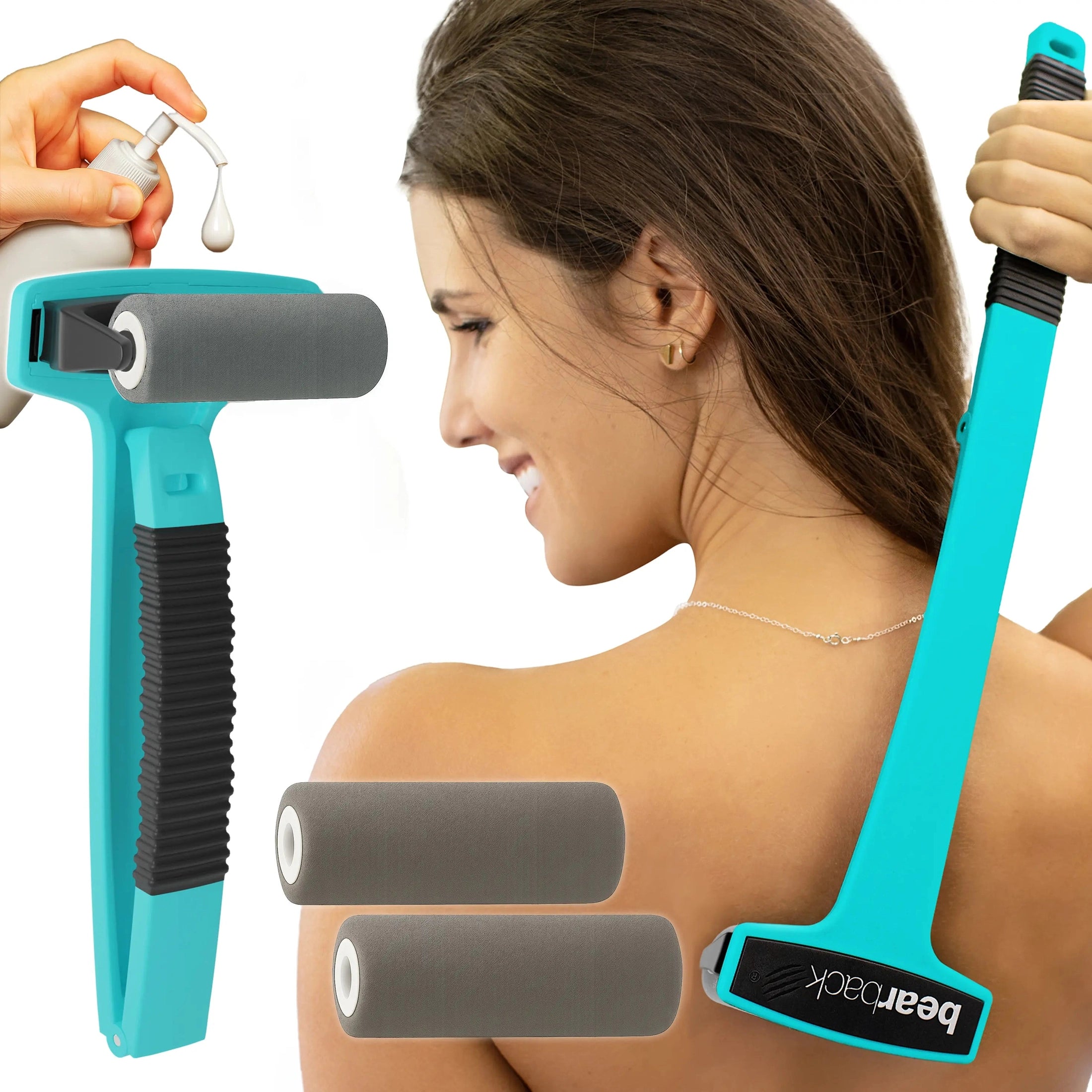 Long-reach lotion applicator with turquoise handle and two gray foam roller heads
