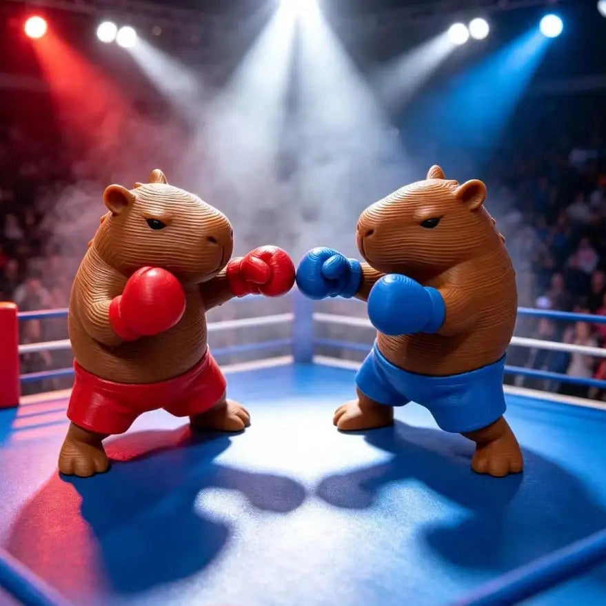 Two capybara boxing figurines: one red kit, one blue kit
