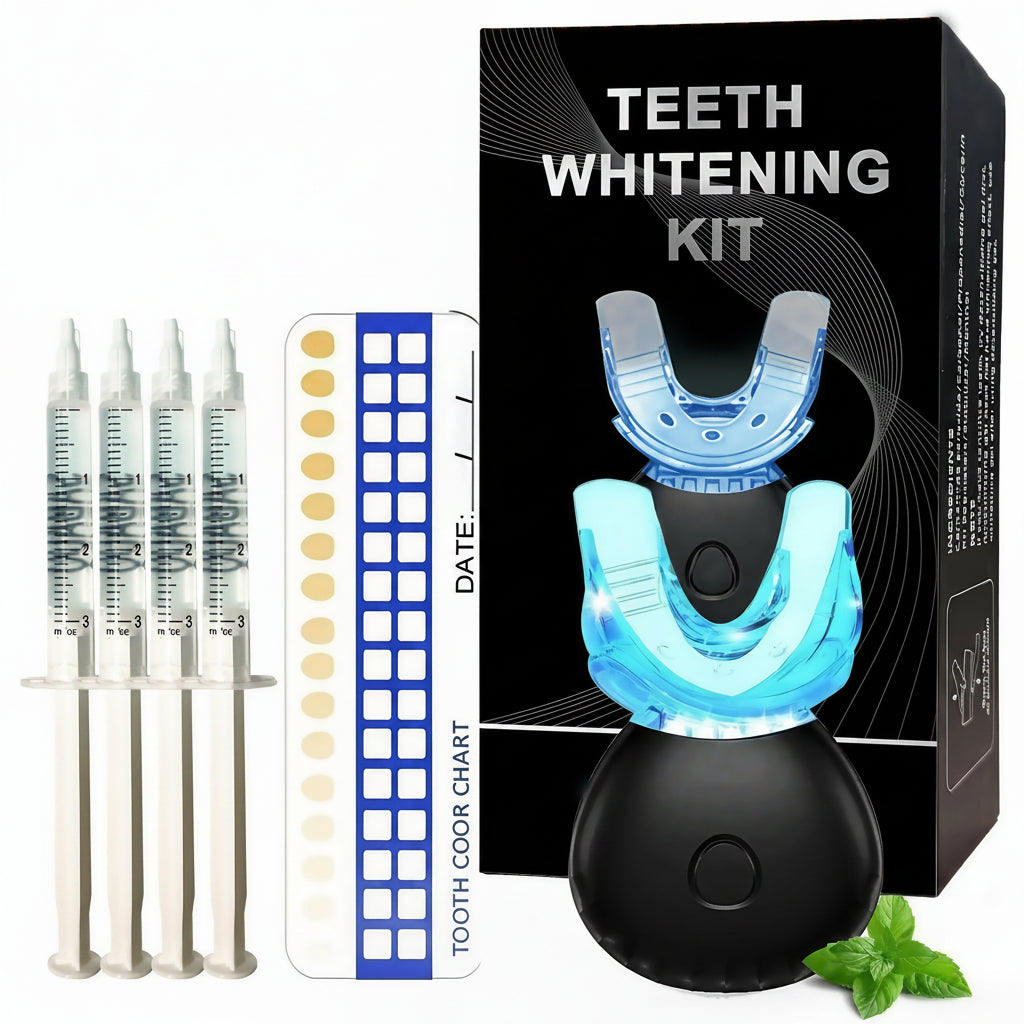 LED teeth whitening kit with illuminated U-shaped mouth tray and four gel syringes