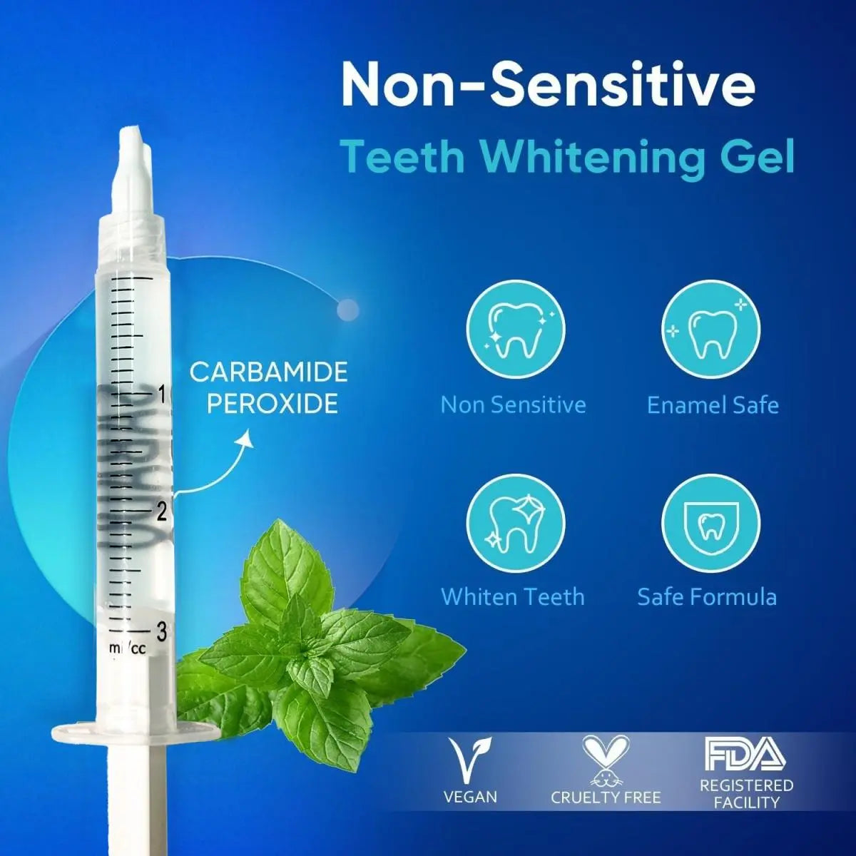 Teeth whitening gel syringe with LED mouth tray and mint leaf accents