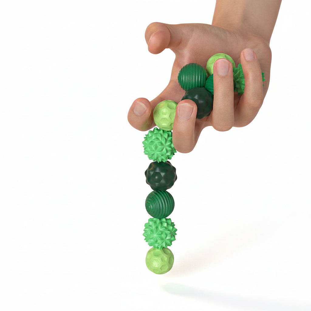 Green magnetic ball fidget toy set with spiky and ridged balls in a hand