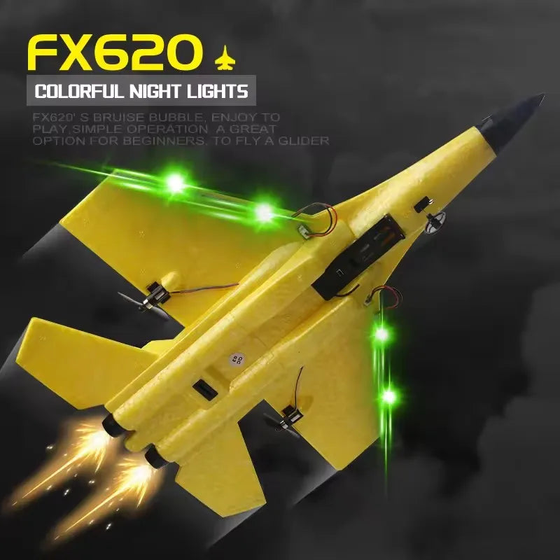 Yellow foam airplane with colorful night lights and glowing green LEDs