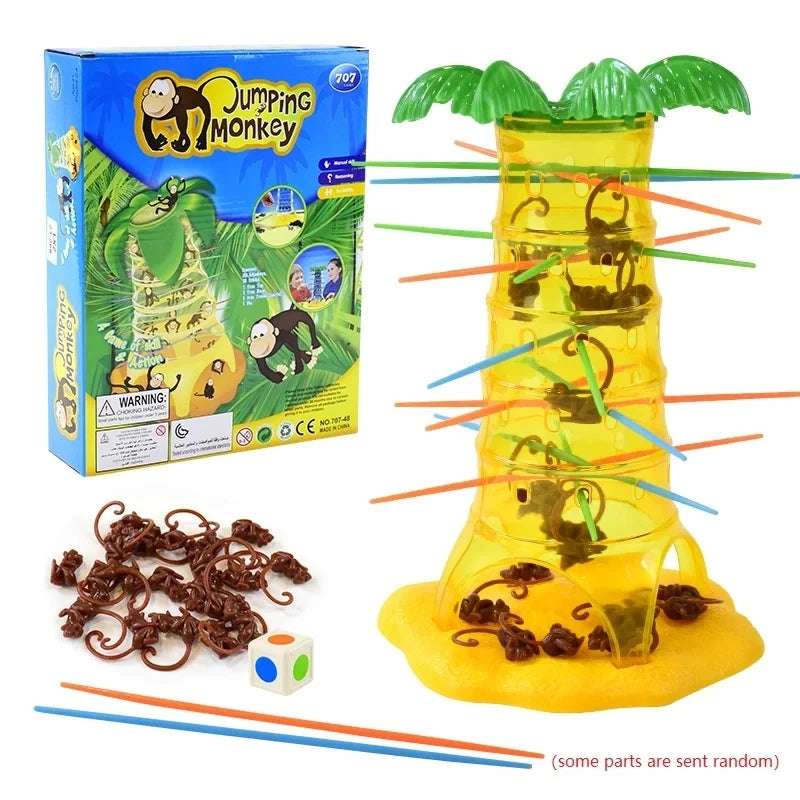 Yellow plastic jumping monkey climbing toy with green palms and multi-colored sticks