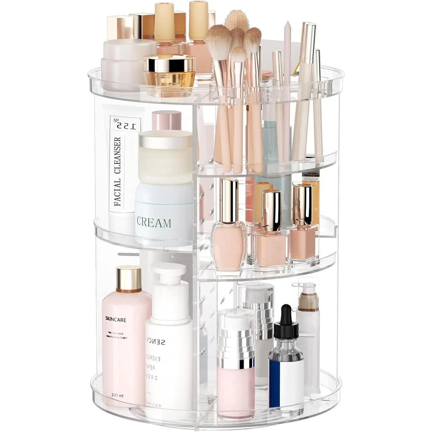 Clear rotating makeup organizer with tiered compartments, makeup brushes, and lipstick holders