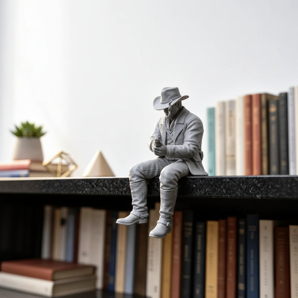 Sitting cowboy figurine, cool grey, perched on a dark desk edge; hat brim and boots visible