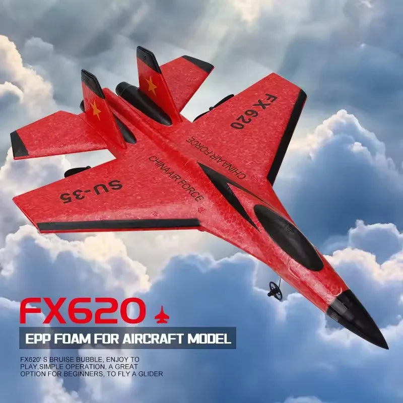 Red foam airplane glider with black fins and FX620 style markings