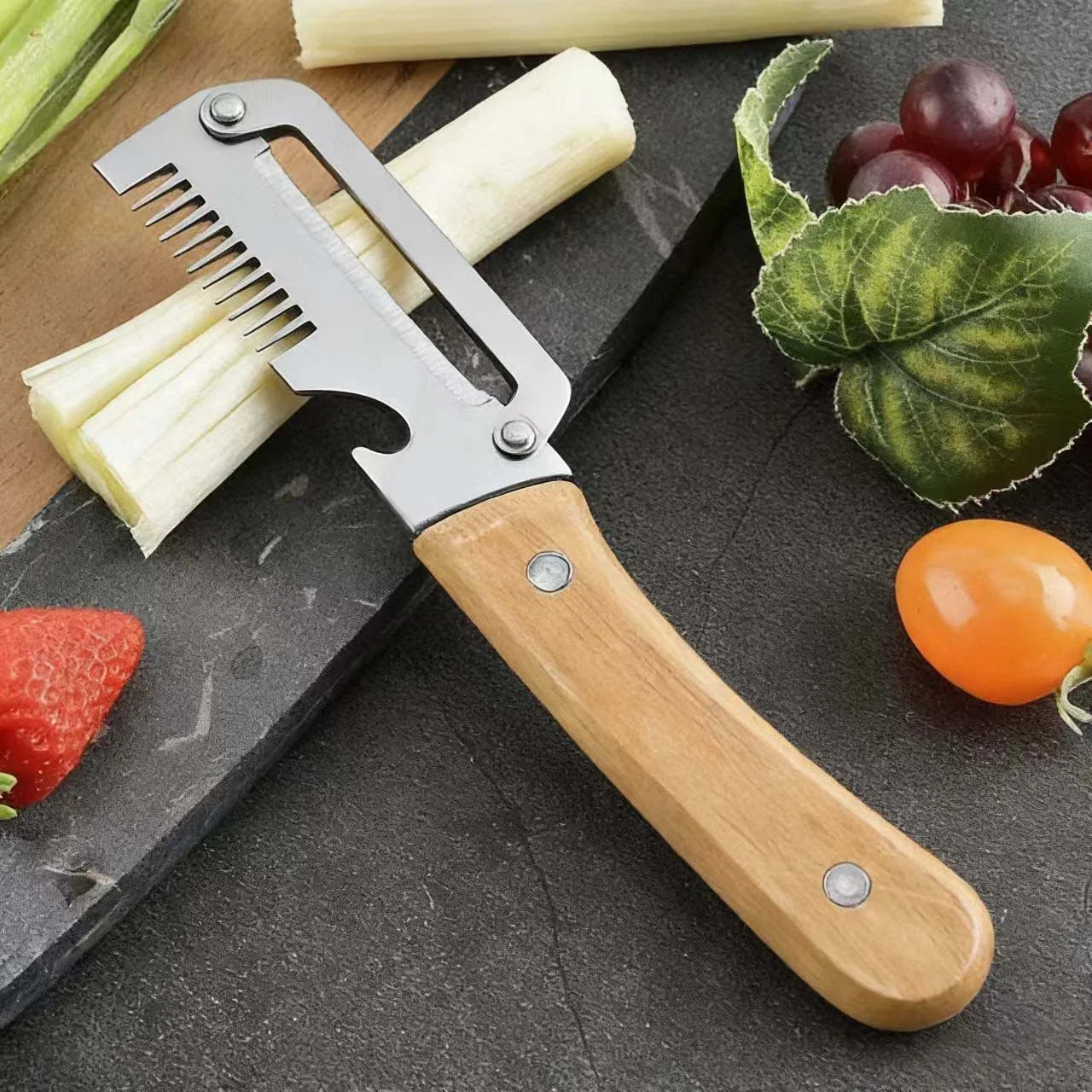 Wood-handled kitchen slicer tool with adjustable metal blade attachment