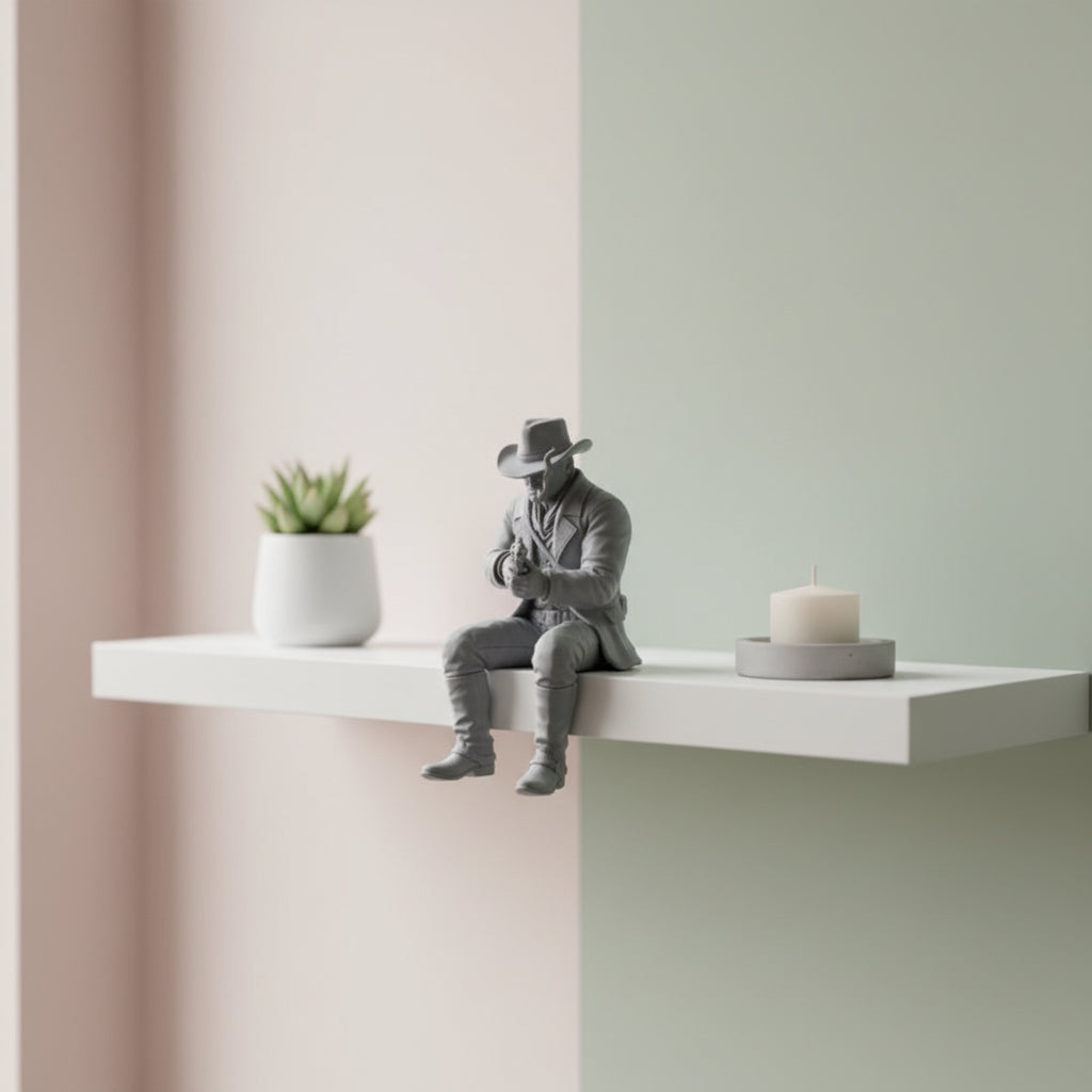 Sitting cowboy figurine in cool grey, posed on a wooden desk ledge with revolver in hand