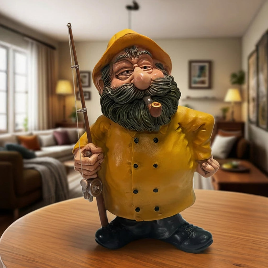 Pirate figurine ornament with yellow coat, dark beard, tricorn hat, and cane in hand