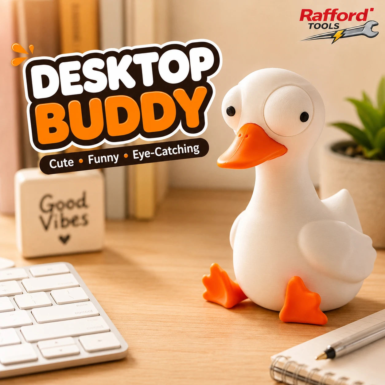 White duck desk toy figurine with orange beak and feet, upright sitting pose, movable eyes.