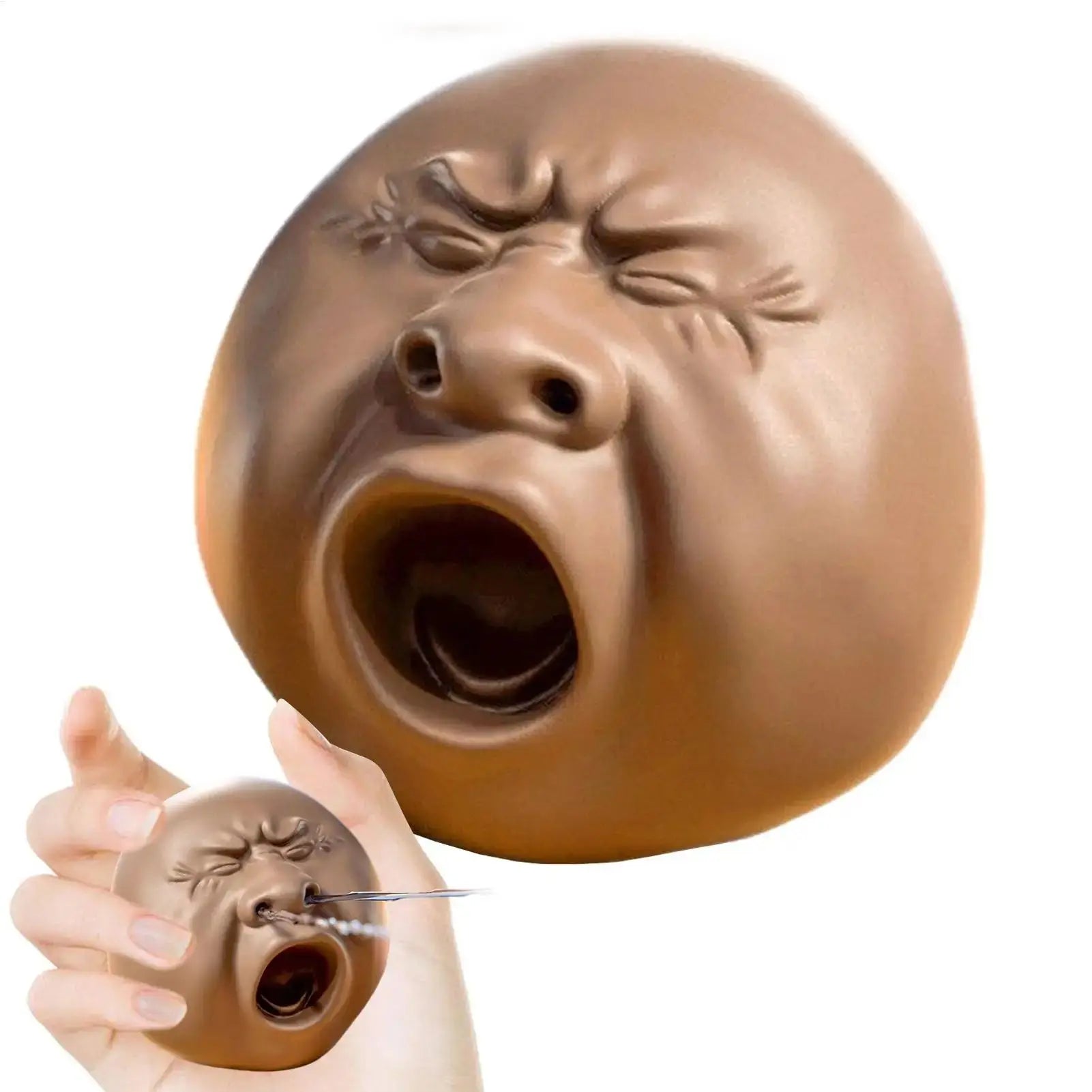 Yawning face nose spray toy, squeeze prank figure with open-mouthed face, brown