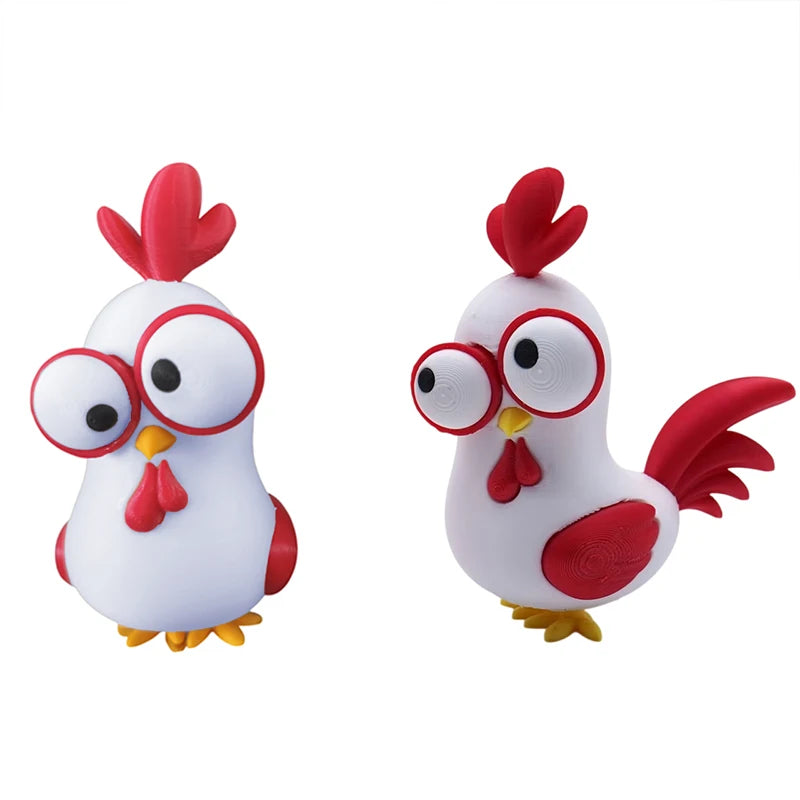Two white chicken ornaments with red combs and round glasses, red beaks and yellow feet