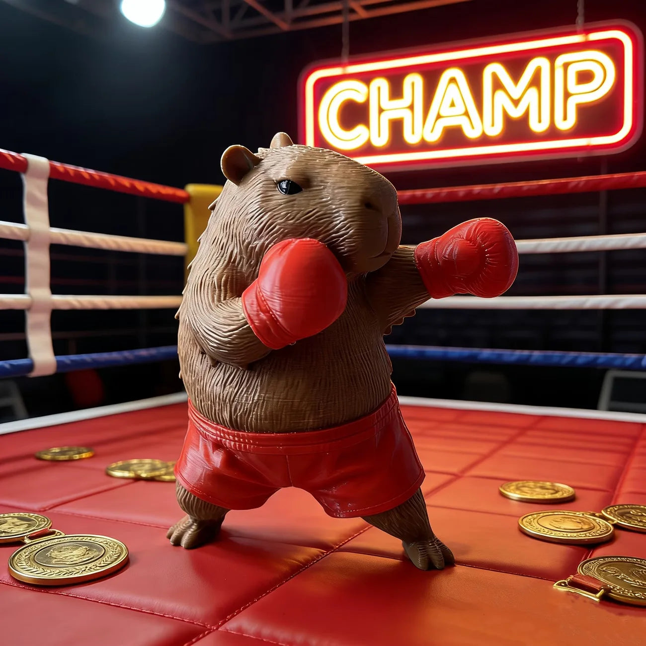 Chocolate capybara boxer figurine wearing red boxing gloves and red shorts