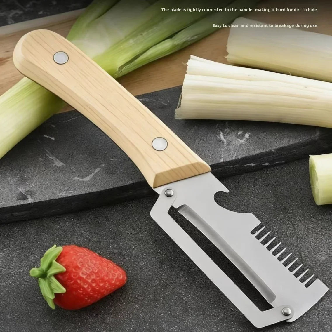 2-in-1 paring knife & peeler with stainless blade on light wood handle, with vegetables