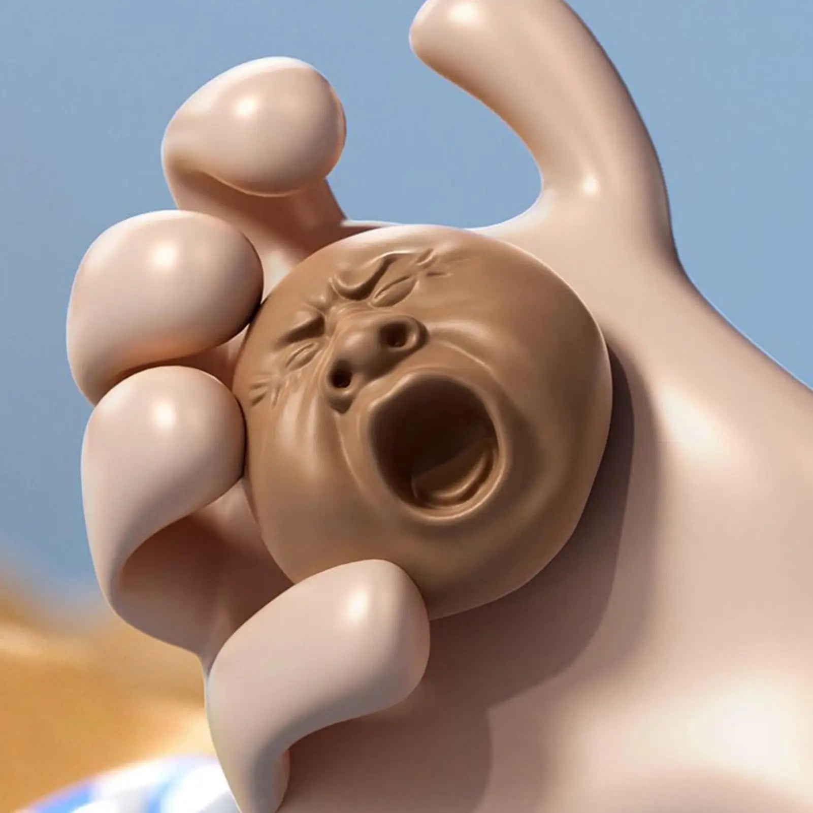 Yawning face nose spray toy, brown figure with bubble-like arms and open mouth