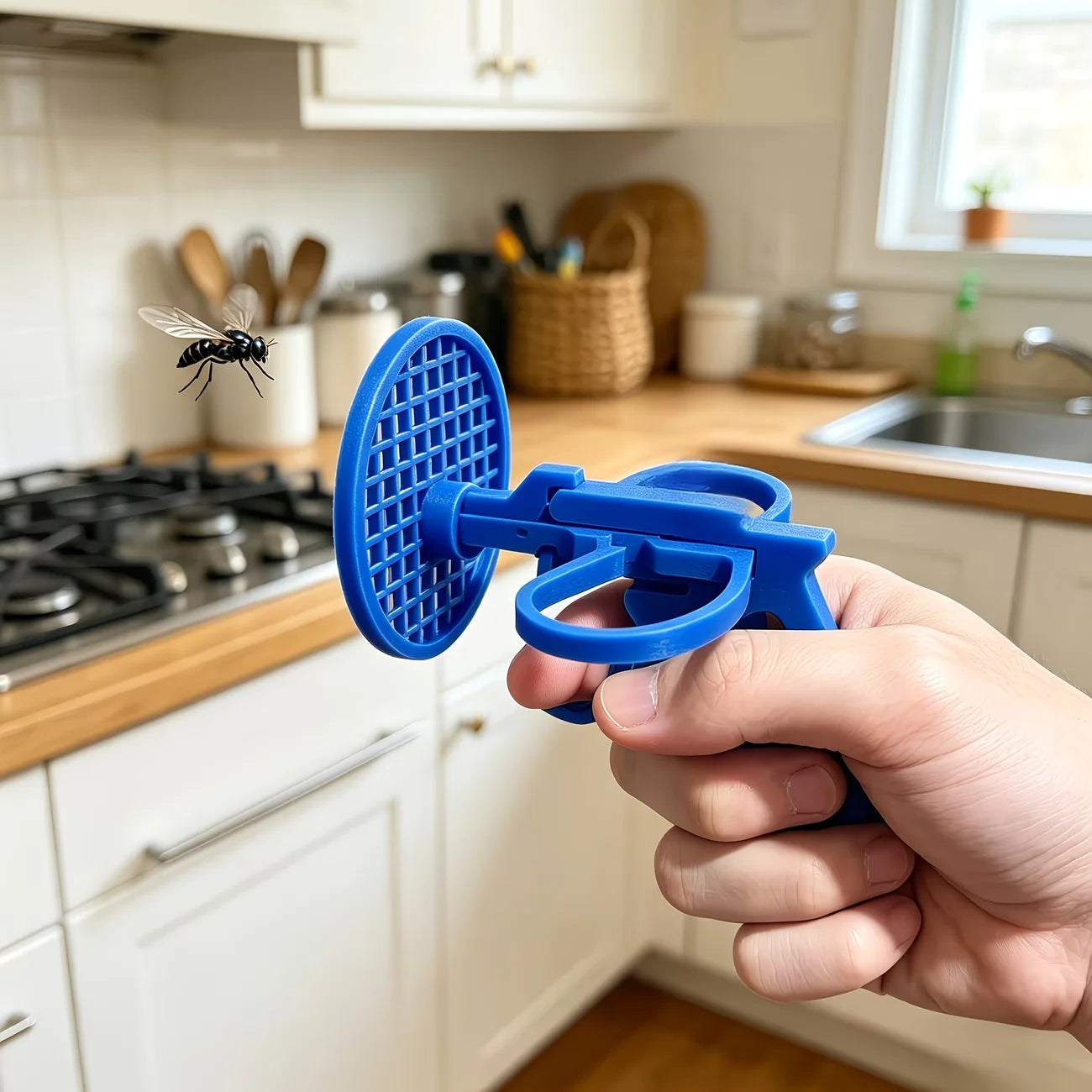Blue fly swatter launcher with circular mesh head held in one hand.