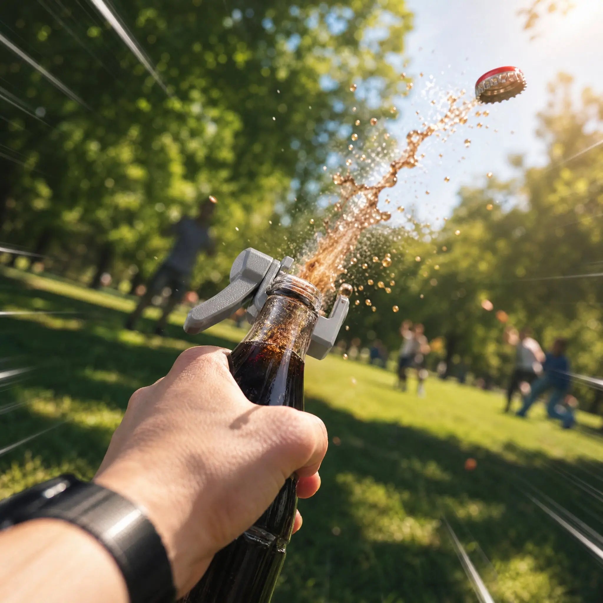 3D-printed bottle opener launcher in hand, popping a bottle cap with spray