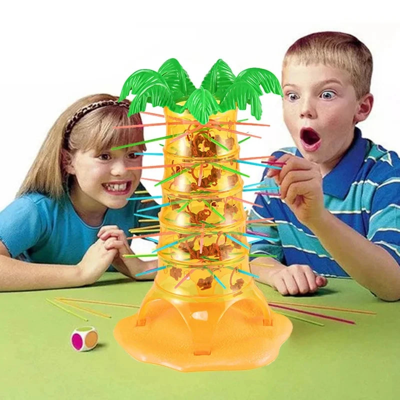 Parent-child jumping monkey climbing toy with green palm top and colorful sticks