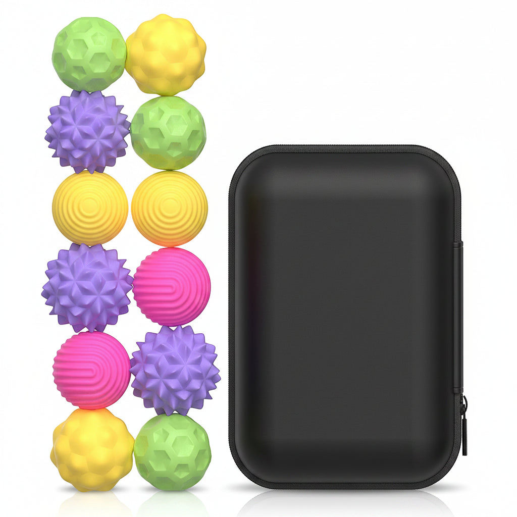 Colorful textured balls with a black carrying case on a white background