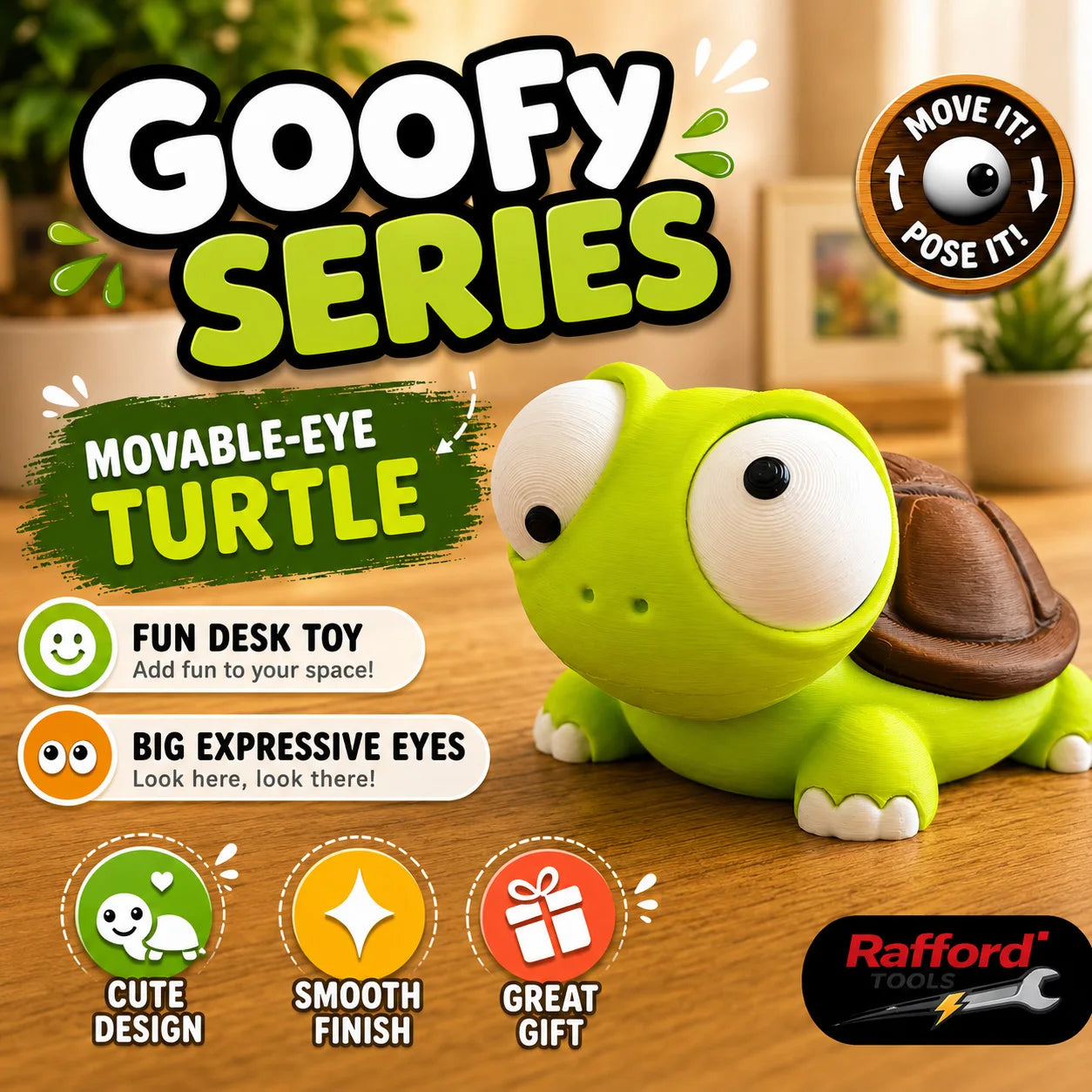 Lime green turtle desk toy with movable eyes and brown shell, front view.