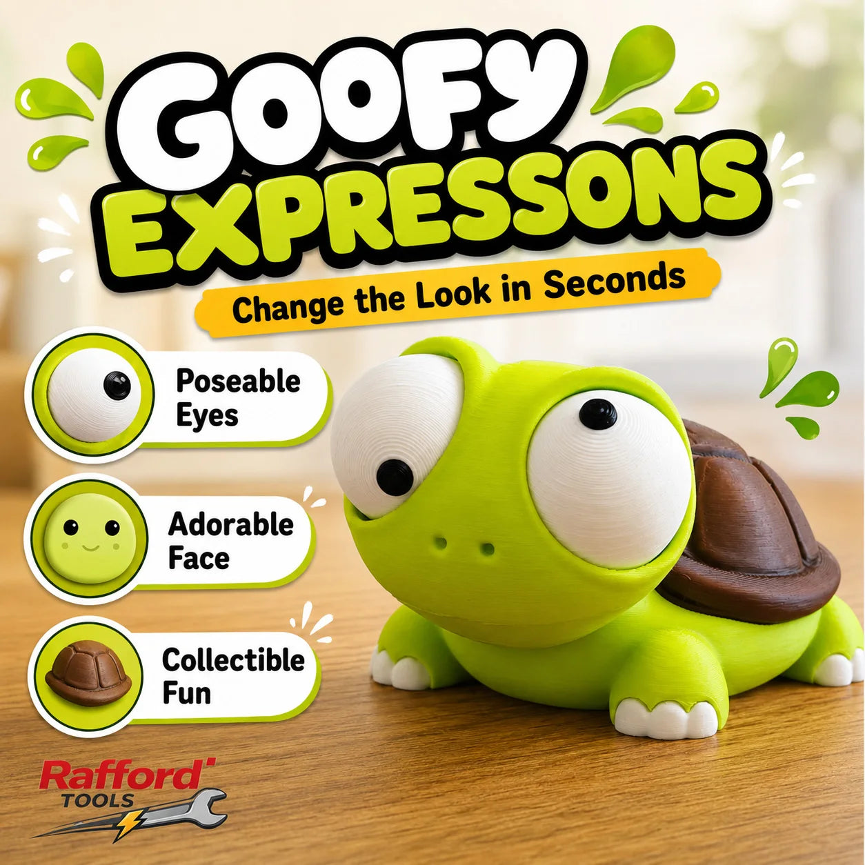 Lime green poseable turtle desk buddy with movable eyes and brown shell.