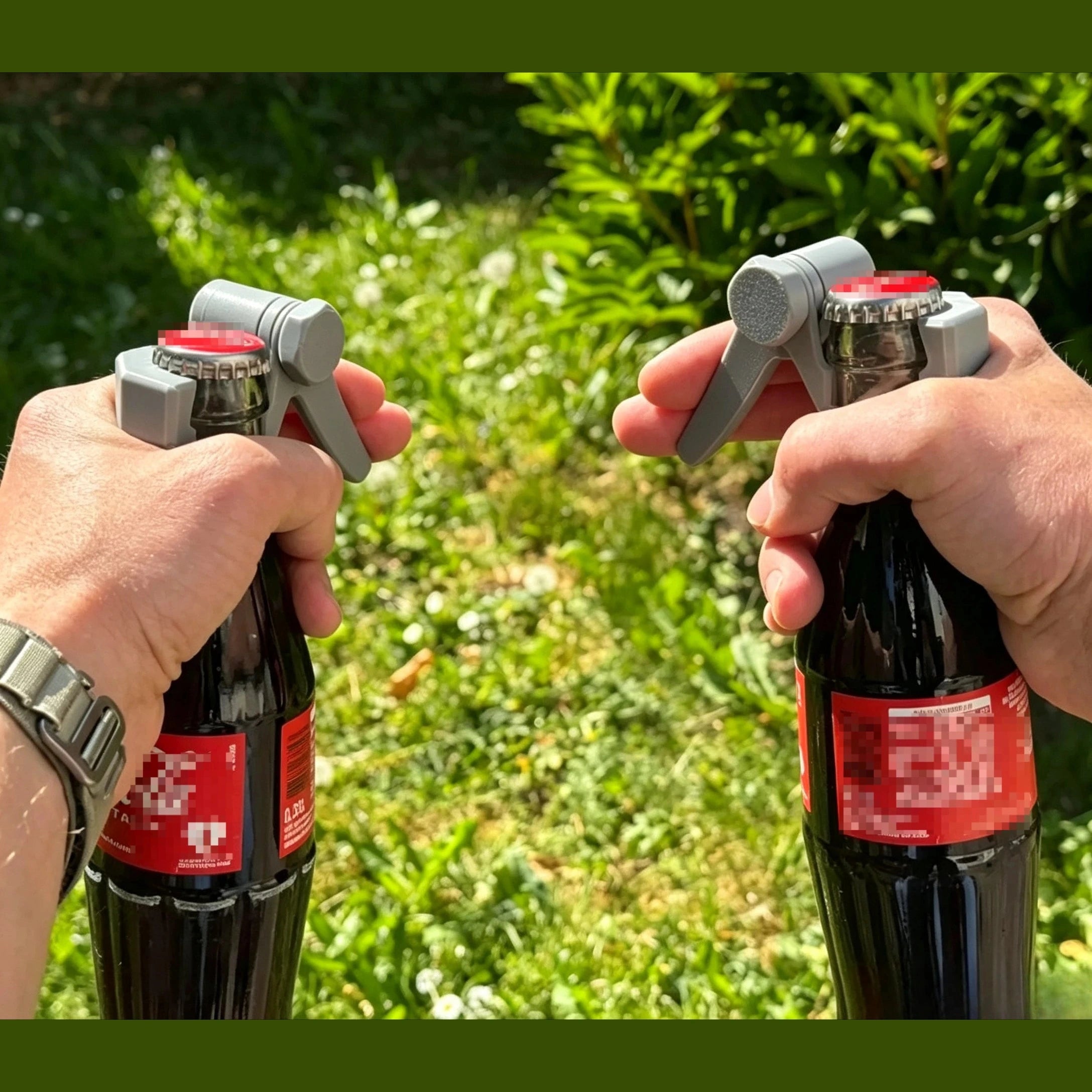Two hands holding 3D-printed bottle opener launchers pointed at soda bottles