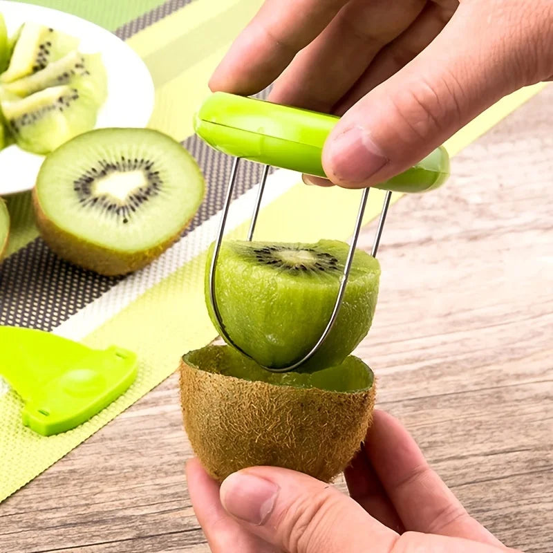 Green kiwi fruit opener tool with U-shaped prongs and handle for peeling