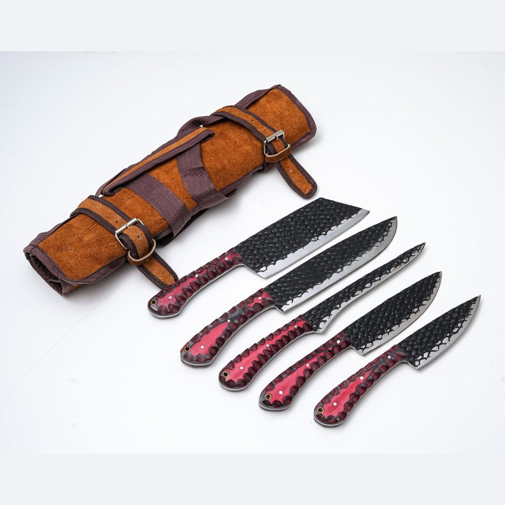 Carbon Steel Kitchen Knife Set – 5 Pieces, Red Wood Handles