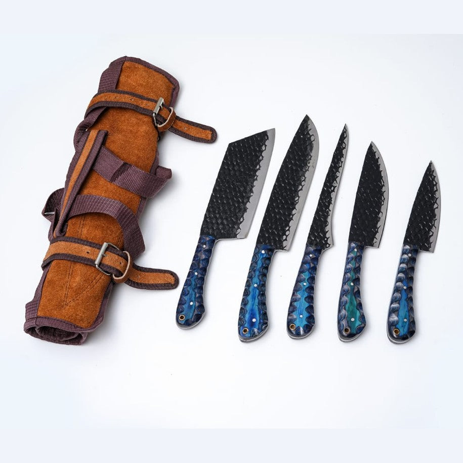 Carbon Steel Kitchen Knife Set – 5 Pieces, Blue Wood Handles