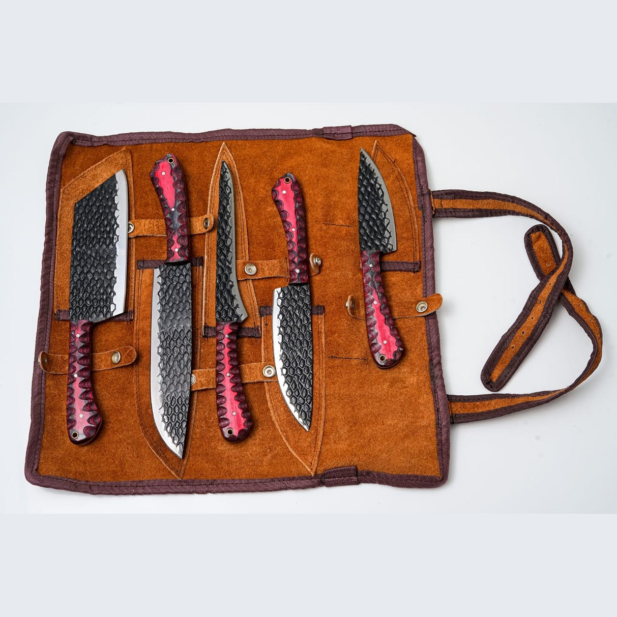Carbon Steel Kitchen Knife Set – 5 Pieces, Red Wood Handles