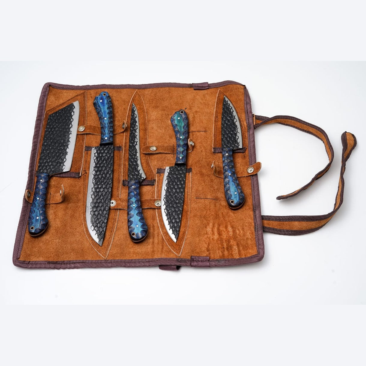 Carbon Steel Kitchen Knife Set – 5 Pieces, Blue Wood Handles