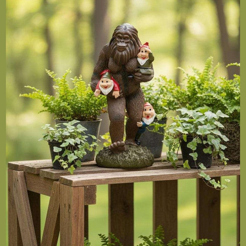 Funny Bigfoot Carrying Gnome Decorative Figurine | Playful Resin Accent
