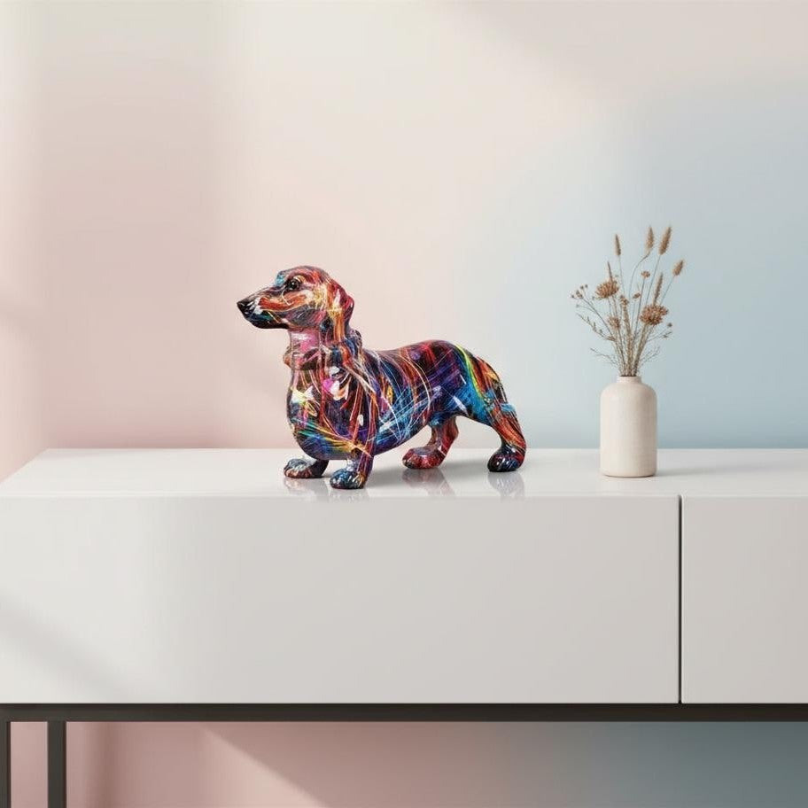 May include: A decorative dachshund ornament with a striking, abstract pattern. The dog statue is adorned with a blend of red, blue, yellow, and purple lines, giving it a lively look. The ornament is positioned on a white surface.