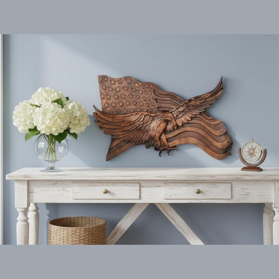 Handcrafted Wooden American Flag Wall Hanging | 3D Eagle Patriotic Décor