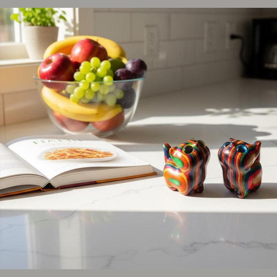 May include: Two small, colourful wooden cat figurines with striped patterns. A glass bowl of fruit, including apples, bananas, and grapes, sits nearby. An open cookbook with a pasta dish is also visible.