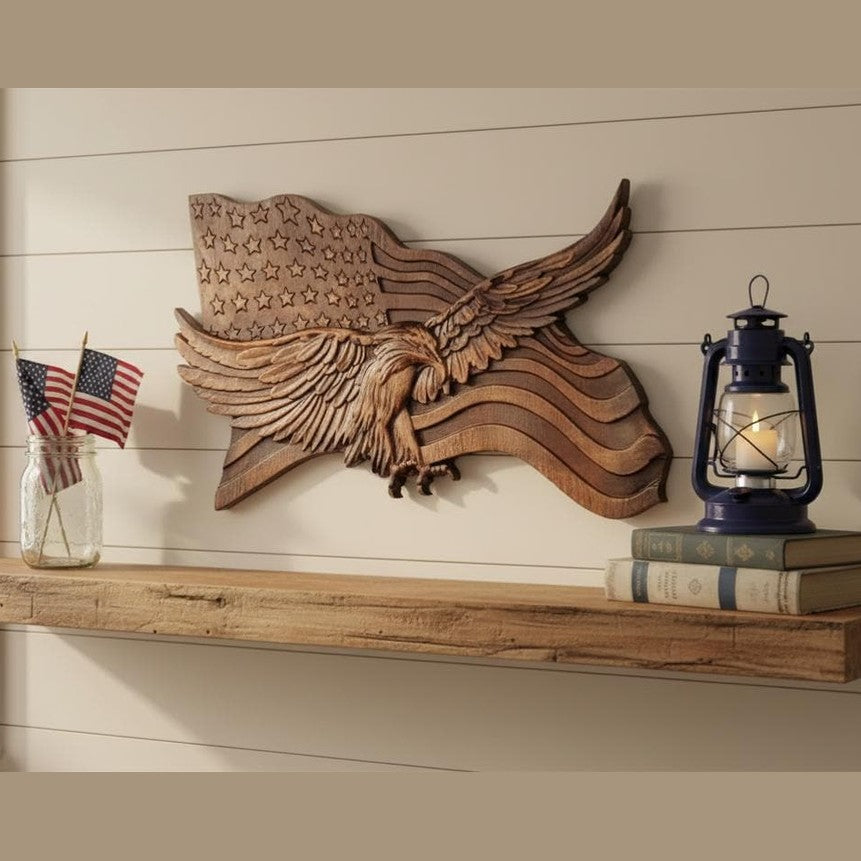 Handcrafted Wooden American Flag Wall Hanging | 3D Eagle Patriotic Décor