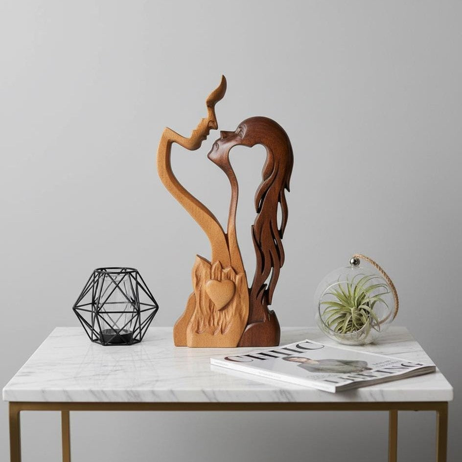 Eternal Love Wooden Decor Sculpture | Romantic Couple Kissing Ornament
