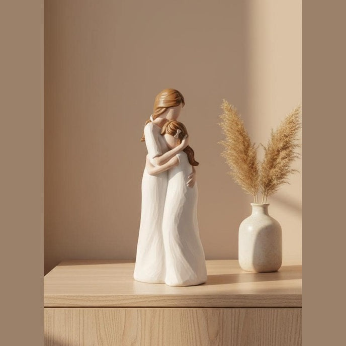 May include: A white sculpture of a mother and child in an embrace. The figures have brown hair and are wearing long white dresses. A vase with dried wheat stalks is to the right. The sculpture is on a wooden surface.