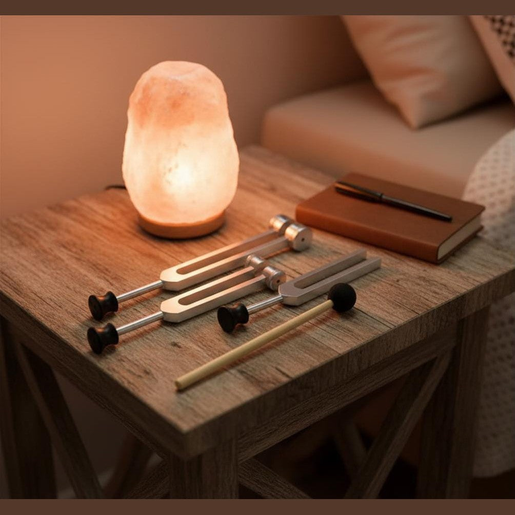 May include: A lit Himalayan salt lamp on a wooden table, alongside two silver tuning forks, a notebook, and a pen. A wooden mallet is placed near the tuning forks. The lamp gives off a warm, orange glow, creating a relaxing atmosphere.
