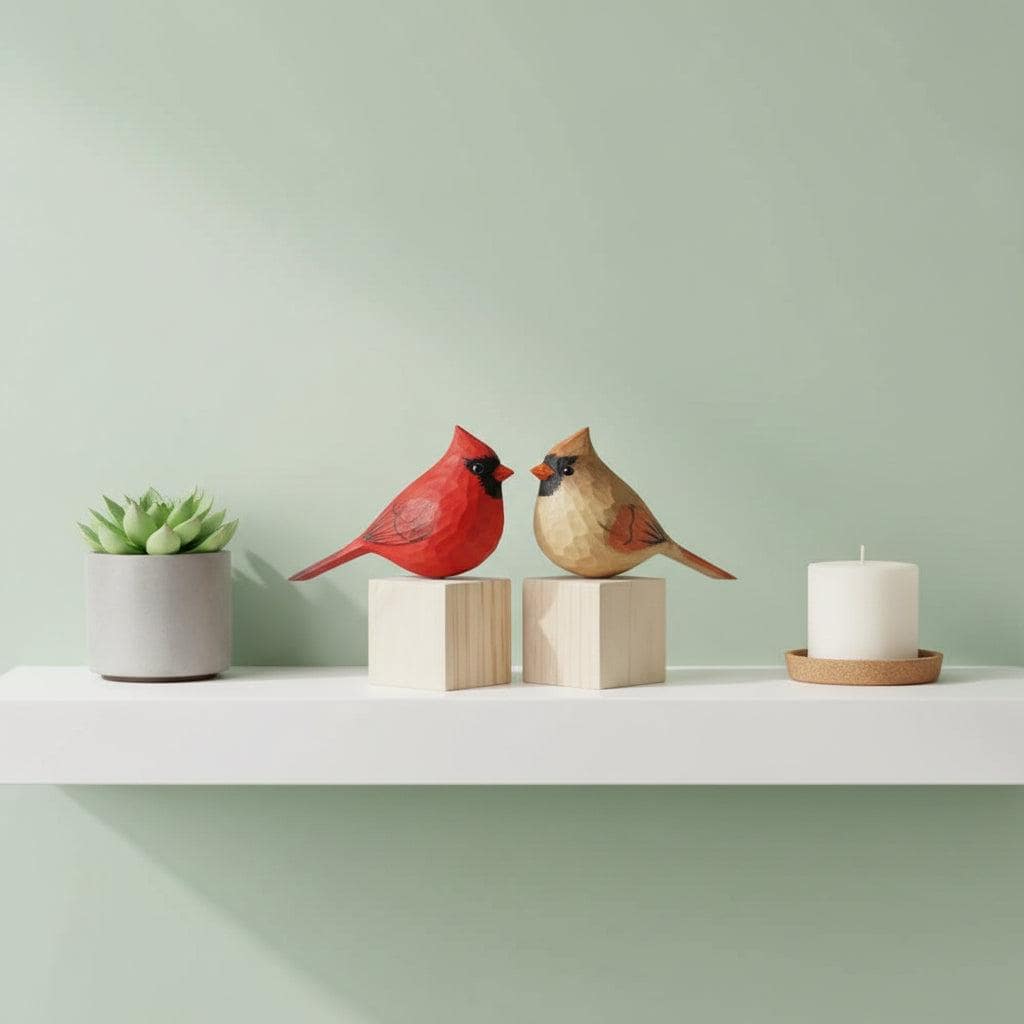 Colorful Cardinal Bird Decorative Figurines (Set of 2) | Vibrant Resin & Wood Accent