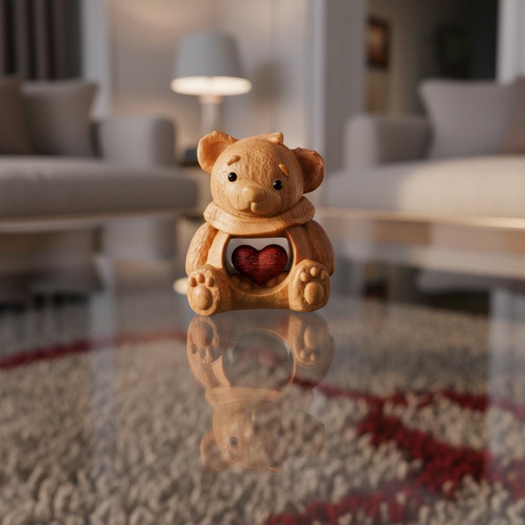 Handcrafted Wooden Bear Figurine with Heart | Symbolic Rustic Accent