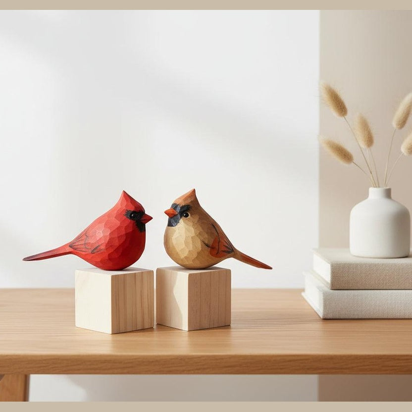 Colorful Cardinal Bird Decorative Figurines (Set of 2) | Vibrant Resin & Wood Accent