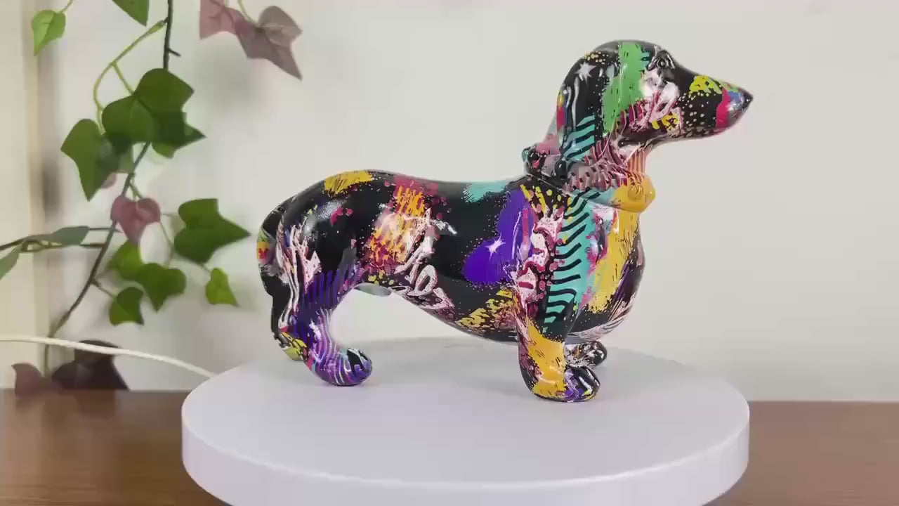 Colorful Dachshund Dog Figurine | Pop Art Resin Sculpture, Modern Decor