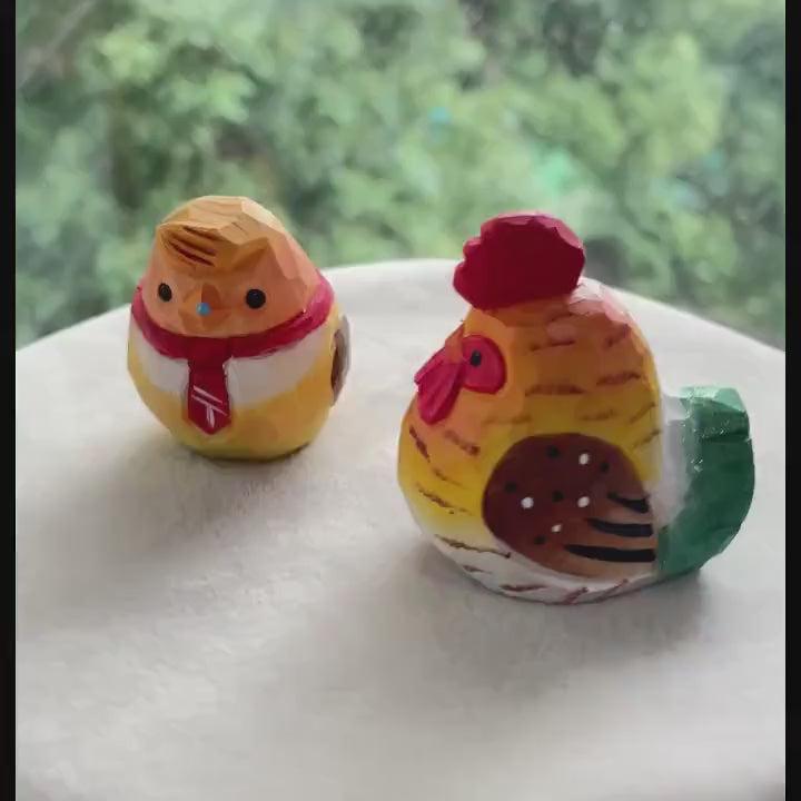 Handcrafted Wooden Chicken Figurines Decorative Set (2 Pcs) | Rustic Farmhouse Accent
