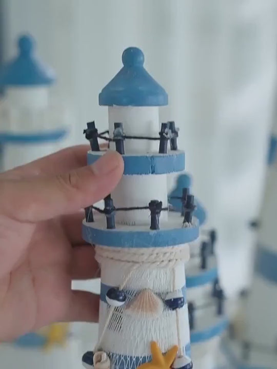 Mediterranean Wooden Lighthouse Ornament | Handcrafted Nautical Decor | Coastal Shelf Display | Beach Theme Room Accent