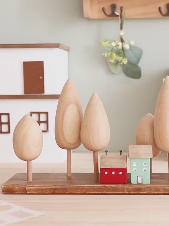 4pcs Handmade Wooden House Ornament Set | Rustic Miniature Village Decor